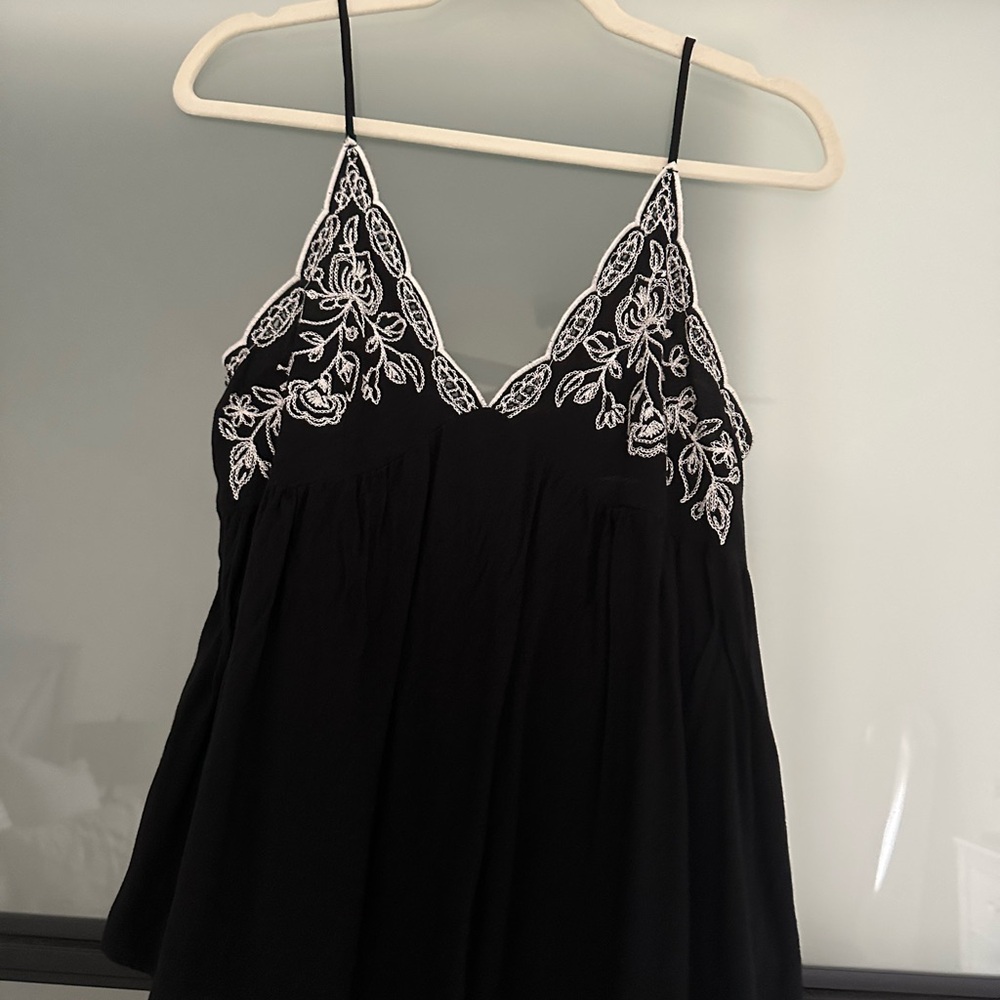 Black Spaghetti Strap Top with White Lace Detail